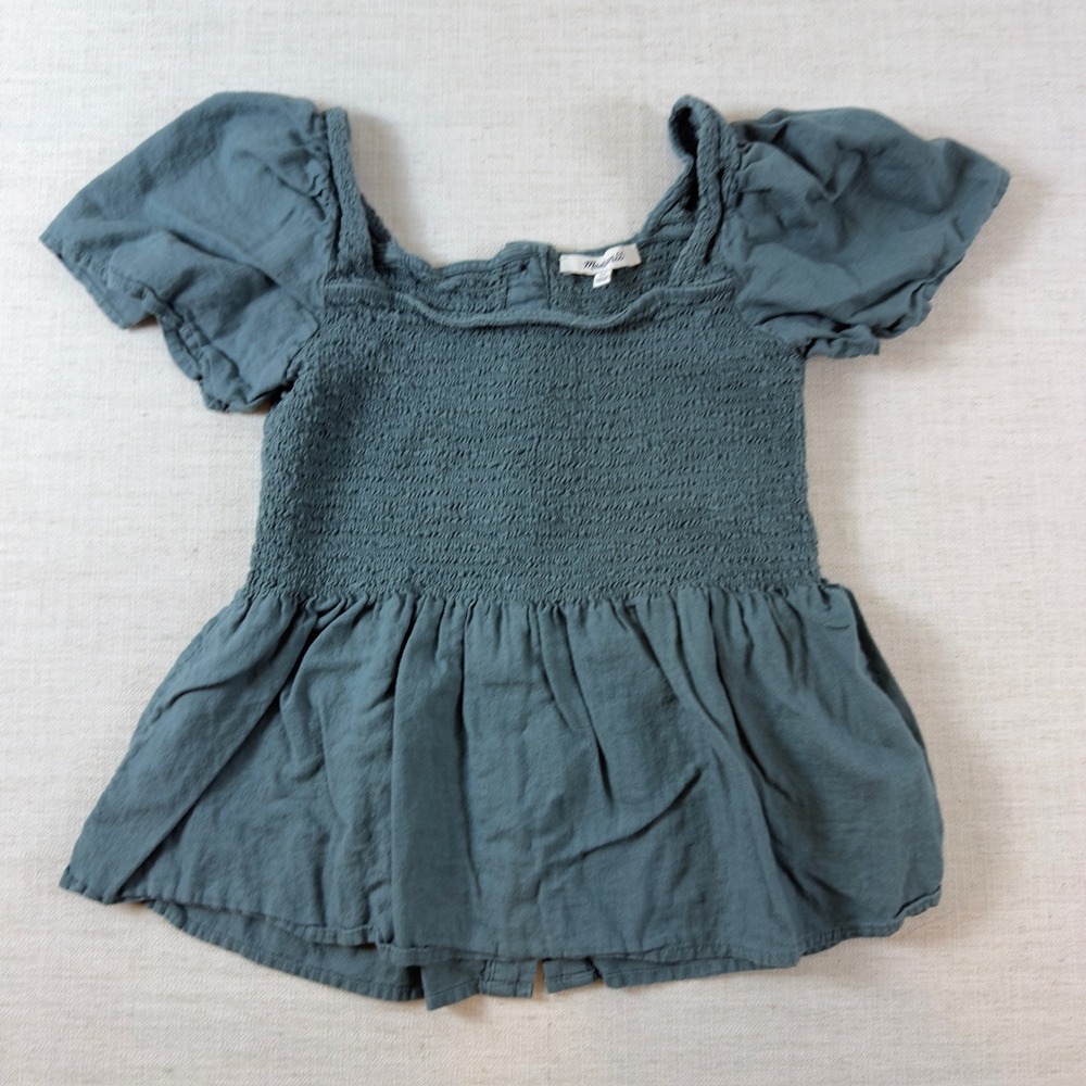 Madewell Smocked Peplum Top Womens XS Blue Green Square Neck Puff Sleeve